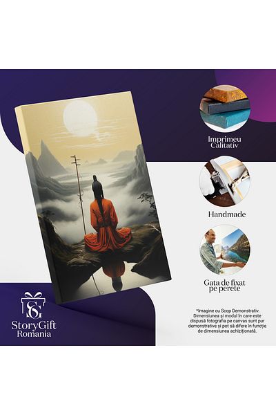 StoryGift Romania Tablou Canvas: Peisaj Asiatic Sensei Privește Liniștea Munților Cuprinși De Ceață Pictura Digit