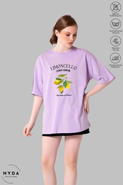 Nyda Collections Unisex Crew Neck Lemon εμπριμέ βαμβακερό μπλουζάκι με κοντό μανίκι