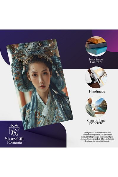 StoryGift Romania Tablou Canvas Portretul Asiatic , Fată Îmbrăcată În Port Traditional- Dragonul Albastru Al Apei