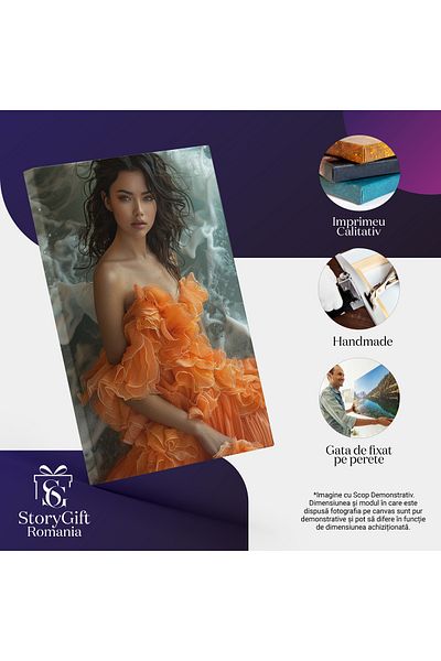 StoryGift Romania Tablou Canvas Marea Martorul Frumuseții Tinerei În Rochie Portocalie Vaporoasă Ca Valurile , Pi