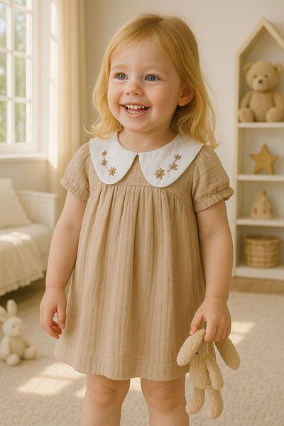 FYONCH Baby Collar Embroidered Muslin Dress