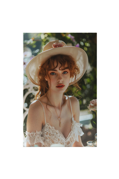 StoryGift Romania Tablou Canvas: Tanara Roscata cu Palarie Alba si un Top Dantelat Alb - Seductie Pictura Digi