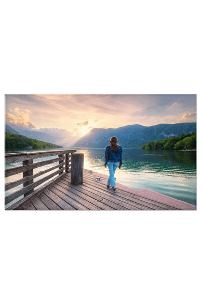 StoryGift Romania Tablou Canvas - Priveliste de Vis la Rau: Femeie la Ponton ...