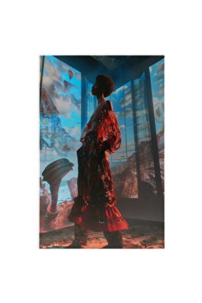 StoryGift Romania Tablou Canvas: Femeie cu părul stil afro ce savurează peisajul cerului - Eleganță în dantelă r