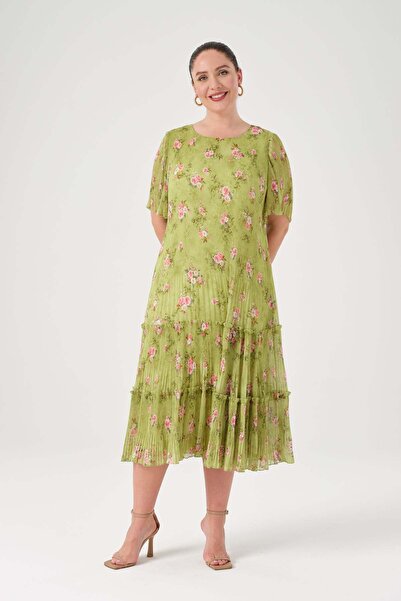 Gemko فستان شيفون مطوي بنقشة زهور أخضر زيتي