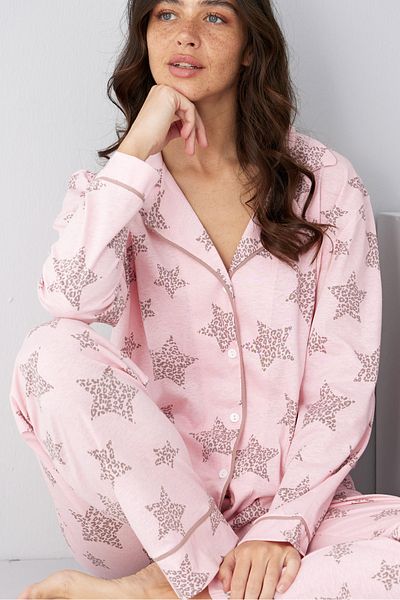 Siyah İnci Pink Powder Star Pattern Cotton Buttoned Ribbed Knitted Long Sleeve Pajama Suit7887