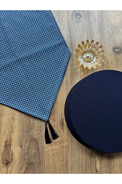 HALFART Lacivert Puantiyeli Runner ve 6’lı Supla Takımı | Duck Keten Runner |...