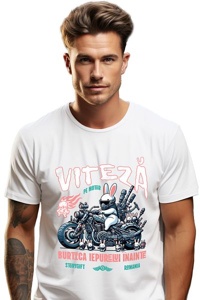 StoryGift Romania Tricou Barbati Viteza Pe Motor Burtica Inainte, Iepure Motociclist Cu Imprimeu Pe Fata, 10 Stg