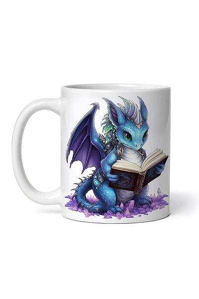 OEM Cană albă personalizată, Dragonul Albastru citește cartea magică, INOVATIX®. 330ml