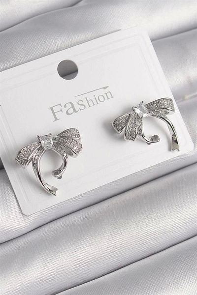 Clariss Brass Silver Color Zircon Stone Bow Model Women's Earrings