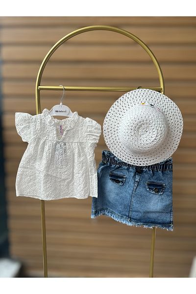 Bellarose Frilly Lace Blouse, Denim Skirt and Knitted Hat Girl's Set 3-Piece Combination