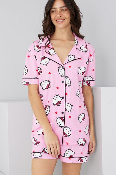 Siyah İnci ροζ άδεια hello kitty μοτίβο Βαμβακερό κουμπιά Πλεκτό σορτς 7885