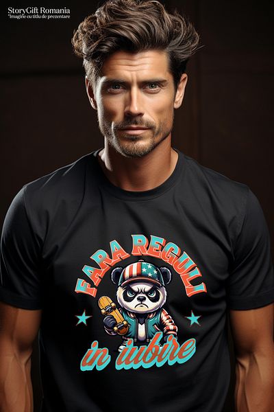 StoryGift Romania Tricou Barbati Urs Panda Skater Suparat Fara Reguli In Iubire Cu Imprimeu Pe Fata, 100% Bu Stg