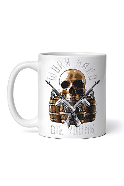 OEM Cană albă personalizată, Craniu pe butoaie, Work hard die young western b...