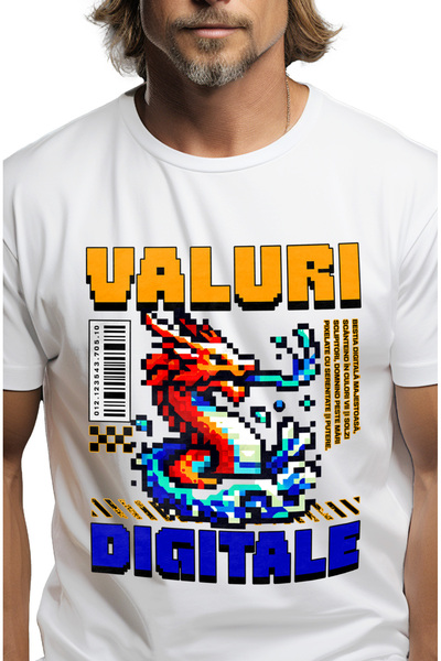 StoryGift Romania Tricou Barbati Valuri Digitale Dragon Lume Virtuala Joc Vid...