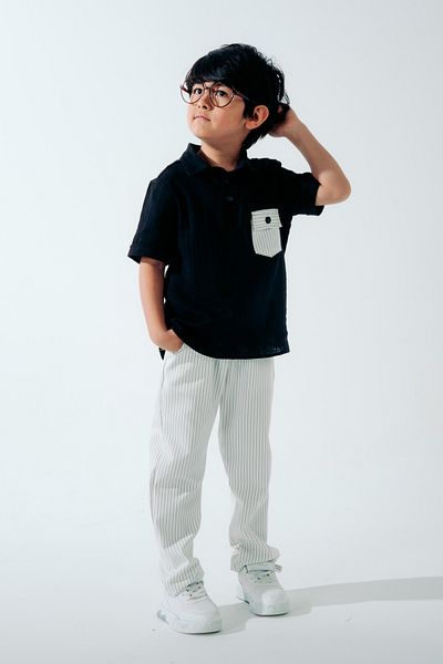 Çelix Kids Muslin Polo Collar Cotton Fabric Jogger Pants Casual Self Striped Sports 2 Piece Set Summer