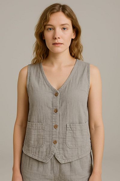 enmodaiçgiyim Vestă Sıfırkol pentru femei, gri, 100% bumbac, muselină