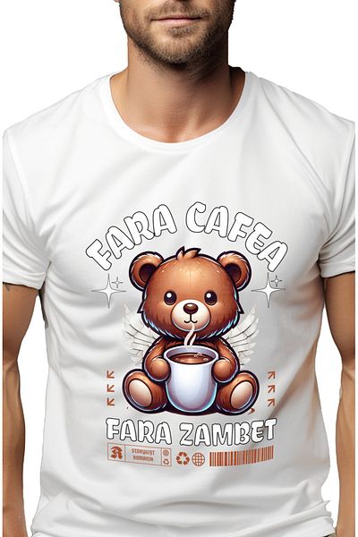 StoryGift Romania Tricou Barbati Urs De Plus Cu Cana De Cafea Fara Cafea Fara Zambet Cu Imprimeu Pe Fata, 10 Stg