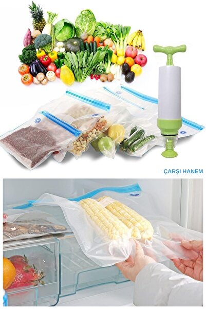 ÇARŞI HANEM El Pompalı Vakum Gıda Paketleme Poşetleri Yeniden Kullanılabilir 15 Adet Gıda Vakum Paketleme Poşeti