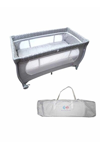 BabyCara Playpen Cot Quick Foldable Baby Bed 2 Height With Zipper Door And Carrying Bag 120x60 Light Grey