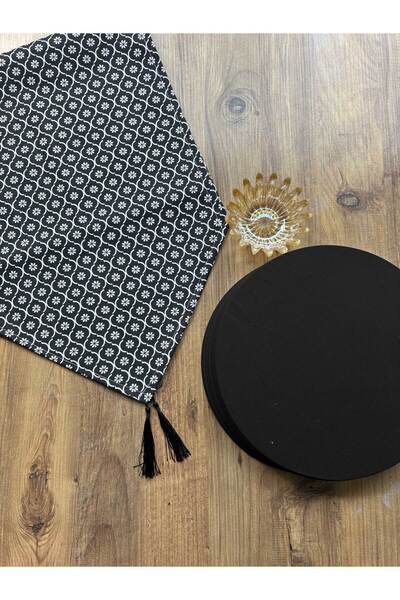 HALFART Siyah Çizgili Yonca Runner ve 6’lı Siyah Supla Takımı | Duck Keten Ru...