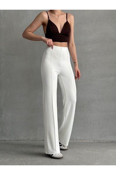 Lusin Women's White Rib Detailed Modal Fabric Stylish High Waist Trousers