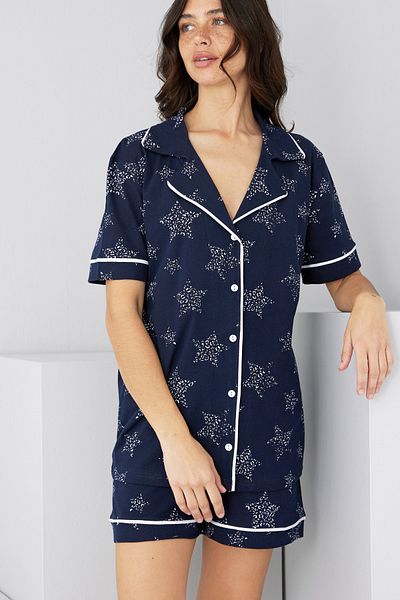 Siyah İnci Navy Blue Star Patterned Cotton Buttoned Ribbed Knitted Shorts Set7885