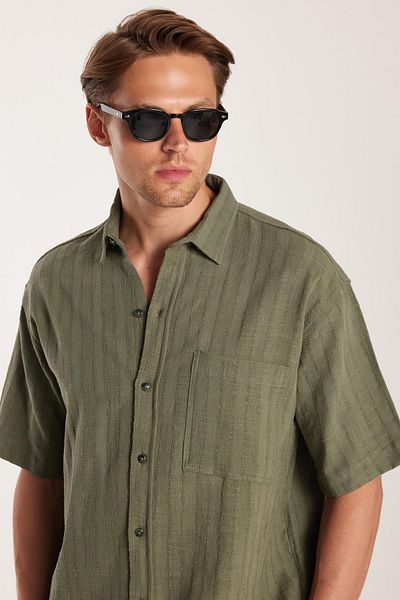 Tudors Men's Relax Fit Premium Series Cotton Linen Short Sleeve Pocket Sports Collar Khaki Shirt