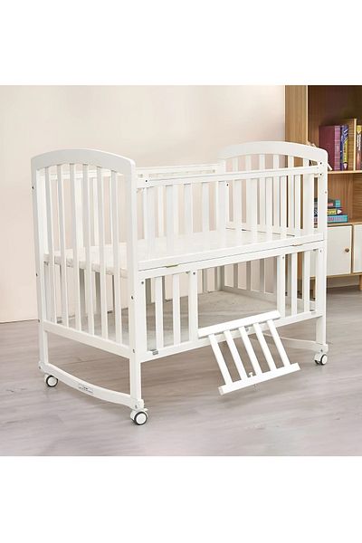 BabyCara Crib Wooden Multi-Purpose Rocking Baby Bed Height Adjustable With Side Door And Mosquito Net 100x60