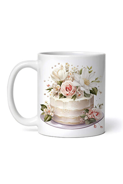 OEM Cană albă personalizată, Tort de nuntă cu trandafiri roz și flori albe, I...