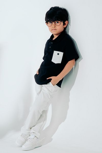 Çelix Kids Muslin Polo Collar Cotton Fabric Jogger Pants Casual Self Striped Sports 2 Piece Set Summer