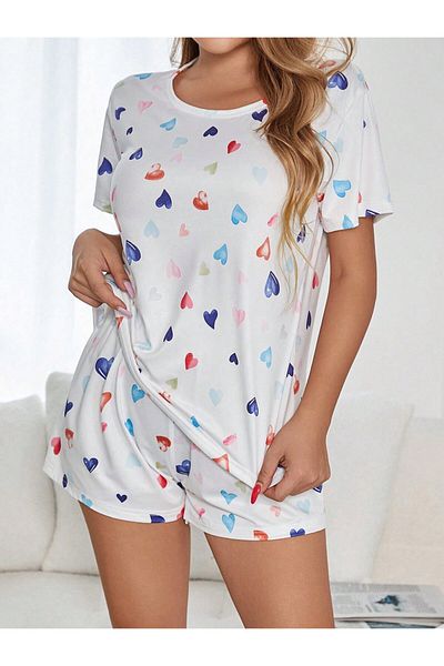 CSR HOMEWEAR Short Sleeve Shorts Suit Women Pajamas Set White Rainbow with Hearts