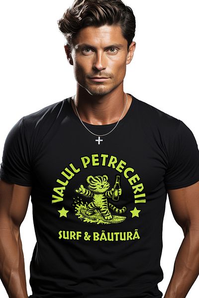 StoryGift Romania Men's T-Shirt Party Wave, Surfing And Drinking Tiger With Front Print, 100% Cotton, N