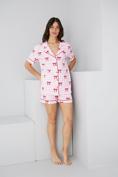 Siyah İnci Pink Checkered Bow Pattern Cotton Buttoned Ribbed Knitted Shorts Set7885