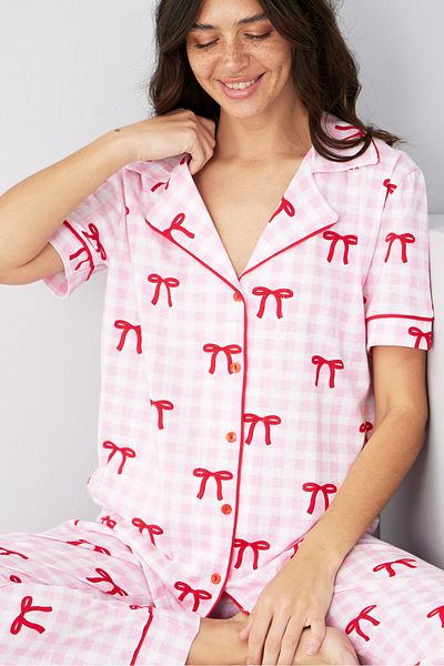 Siyah İnci Costum de pijama tricotat cu nasturi din bumbac cu model de fundă în carouri roz7886