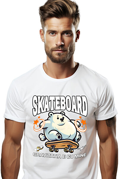 StoryGift Romania Tricou Barbati Urs Polar Pe Skateboard Gravitatia E Cu Mine...