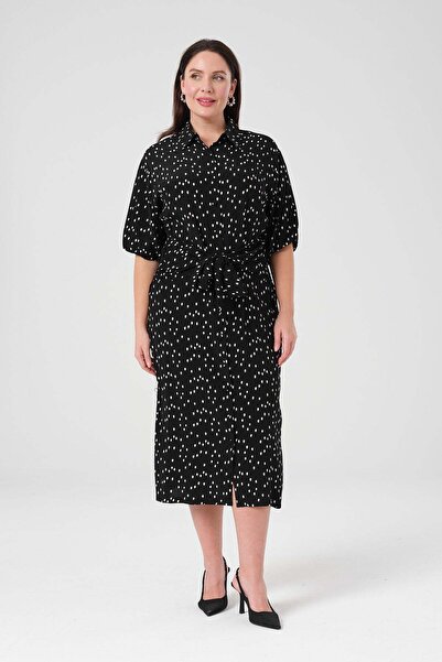 Gemko Puantiyeli Kuşaklı Gömlek Elbise - Siyah