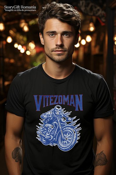 StoryGift Romania Tricou Barbati Vitezoman Schelete Pe Motor Viteza Cu Imprimeu Pe Fata, 100% Bumbac, Negru Stg