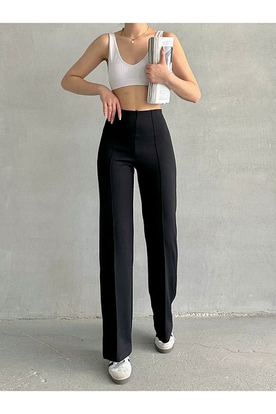 Lusin Women's Black Ribbed Detailed Modal Fabric Stylish High Waist Trousers