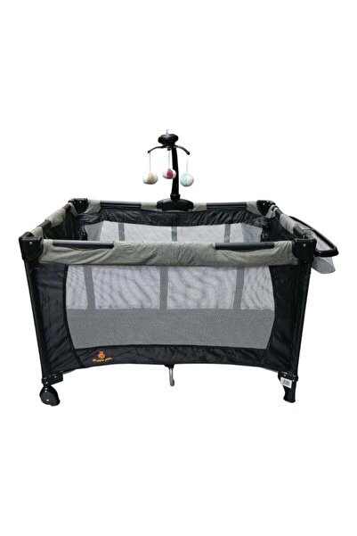 BabyCara Multi-Purpose Nursery Playpen Foldable Cot And Diaper Changer Baby Bed Hanging Toys 110x70 Grey