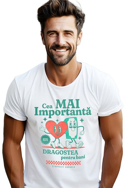 StoryGift Romania Tricou Barbati Dragostea Pentru Bani Cea Mai Importanta Pereche Bancnota Si Inima Cu Impristg