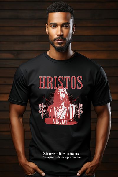 StoryGift Romania Tricou Barbati Hriatos A Inviat Paste Sarbatori Pascale Oua Iepure Cu Imprimeu Pe Fata, 10stg