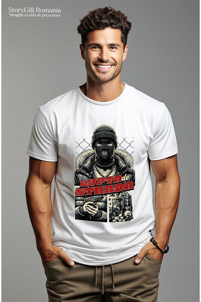 StoryGift Romania Tricou Barbati Lupta De Strada - Barbat Mascat, Aur, Bani, Arme Cu Imprimeu Pe Fata, 100% Stg