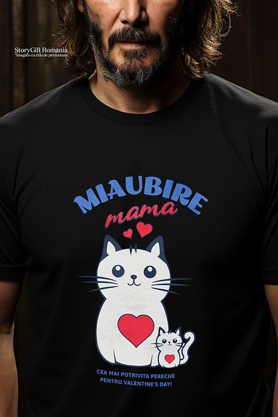 StoryGift Romania Tricou Barbati Miaubire Mama Pisica Si Motani Valentine's Day Cu Imprimeu Pe Fata, 100% Bustg