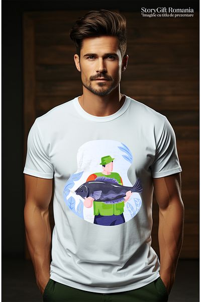 StoryGift Romania Men's T-shirt With Fisherman, Fish, Vest, With Print On The Front, 100% Cotton, White, L Stg