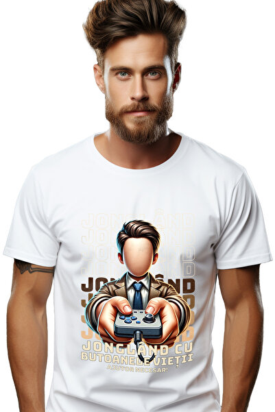 StoryGift Romania Tricou Barbati Jongland Cu Butoanele Vietii, Joc Video Cu Imprimeu Pe Fata, 100% Bumbac, Stg
