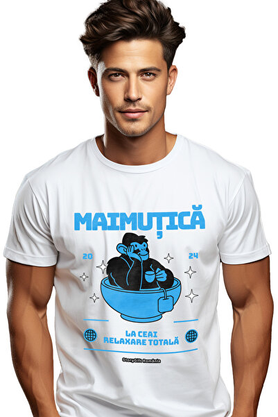StoryGift Romania Tricou Barbati Maimutica De Ceai Relaxare Totala Cu Imprime...