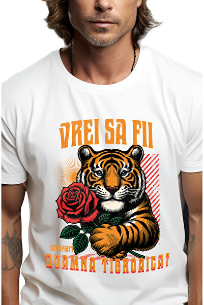StoryGift Romania Tricou Barbati Tigru Cu Trandafir Vrei Sa Fii Doamna Tigroa...