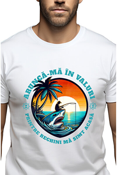 StoryGift Romania Tricou Barbati Om Pescuind De Pe Un Rechin Text Arunca-ma I...