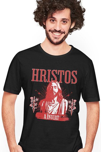 StoryGift Romania Tricou Barbati Hriatos A Inviat Paste Sarbatori Pascale Oua Iepure Cu Imprimeu Pe Fata, 10stg